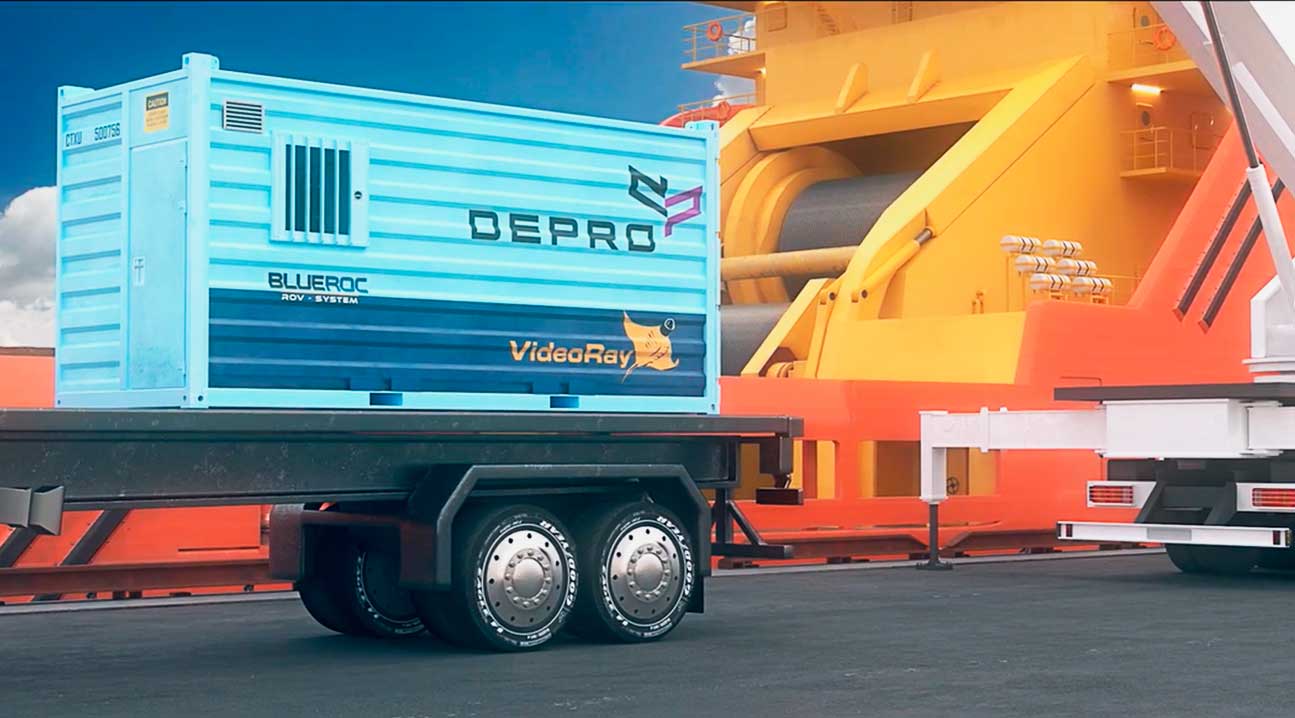 BLUEROC-ROV-system-subsea-equipment-Depro-AS An illustration of Depro's new ROV solution BLUEROC for inspection down to 2000 meters depth underwater. A subsea equipment that is more flexible and cost effective. BLUEROC on a truck ready to be loading on a ship.