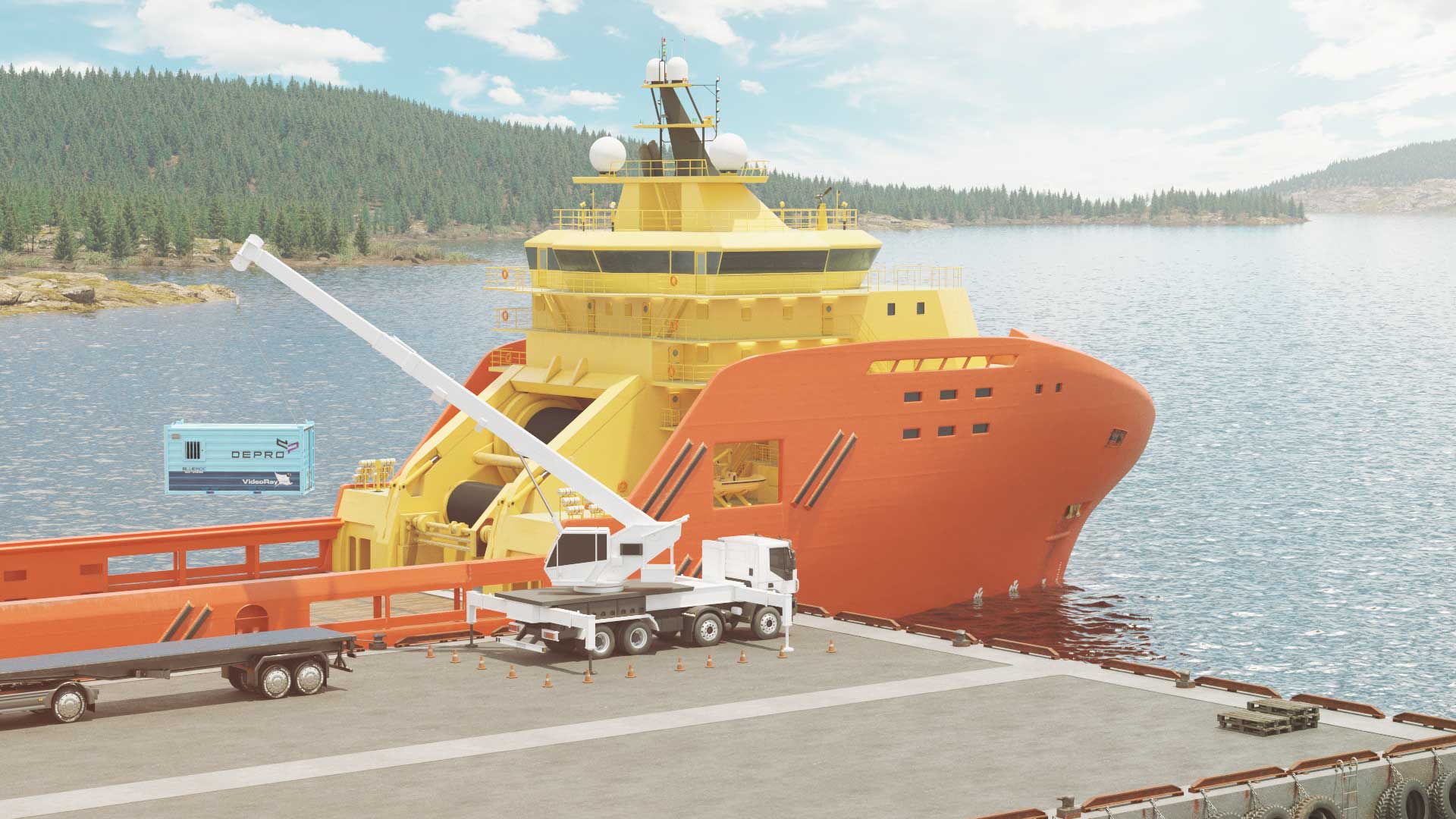 Illustration of a crane truck lifting a BLUEROC ROV solution on a ship