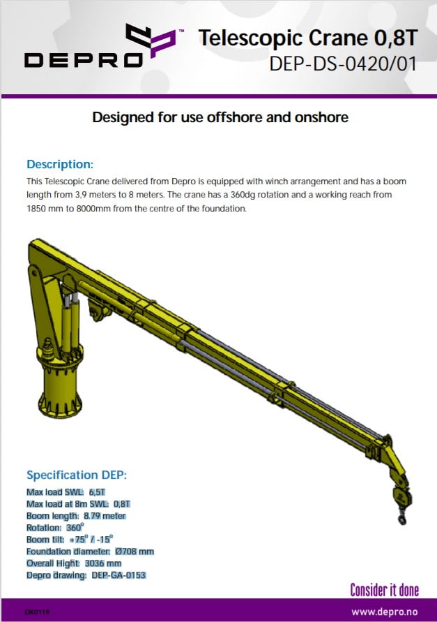 Product sheet for Telescopic Crane for use offshore and onshore.