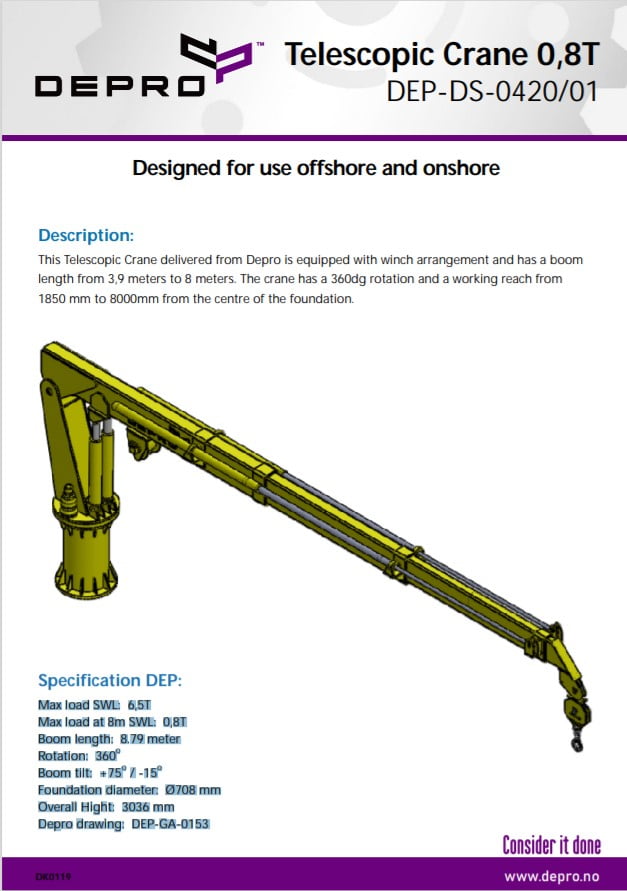 Product sheet for Telescopic Crane for use offshore and onshore.