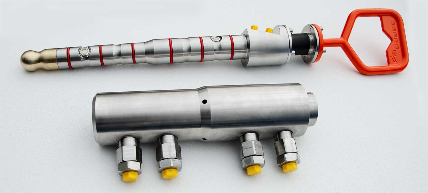 Hot Stab and Receptacles for subsea use. White background.