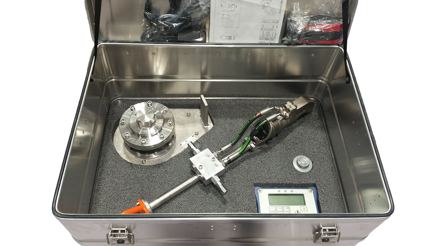 Torque wrench for subsea use produced by Depro AS lying in an aluminum box with foam ready for transport.